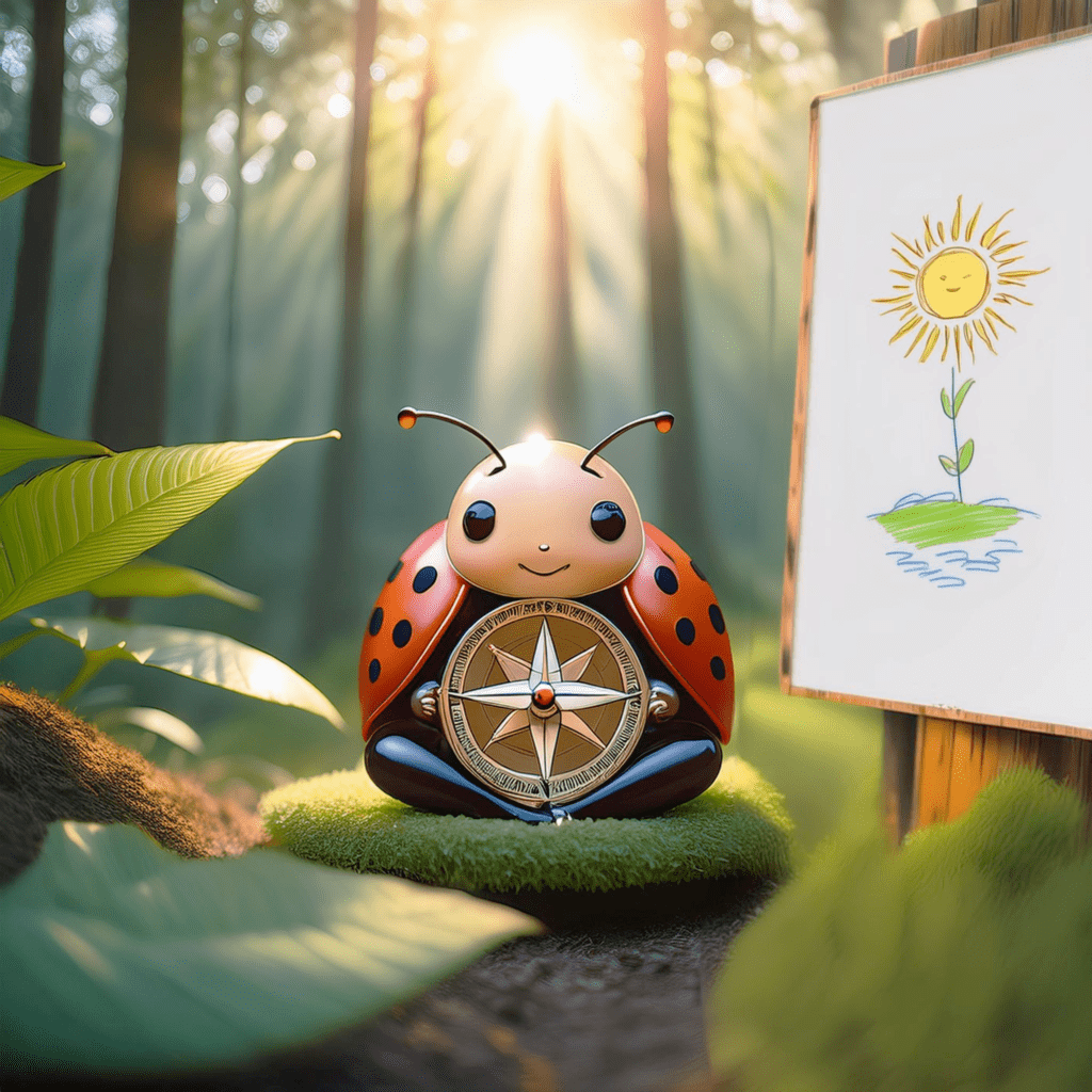 Coccinnelle kawai avec sa boussole intérieure et un tableau représenant ses besoins fondamentaux sous la forme d'un soleil
