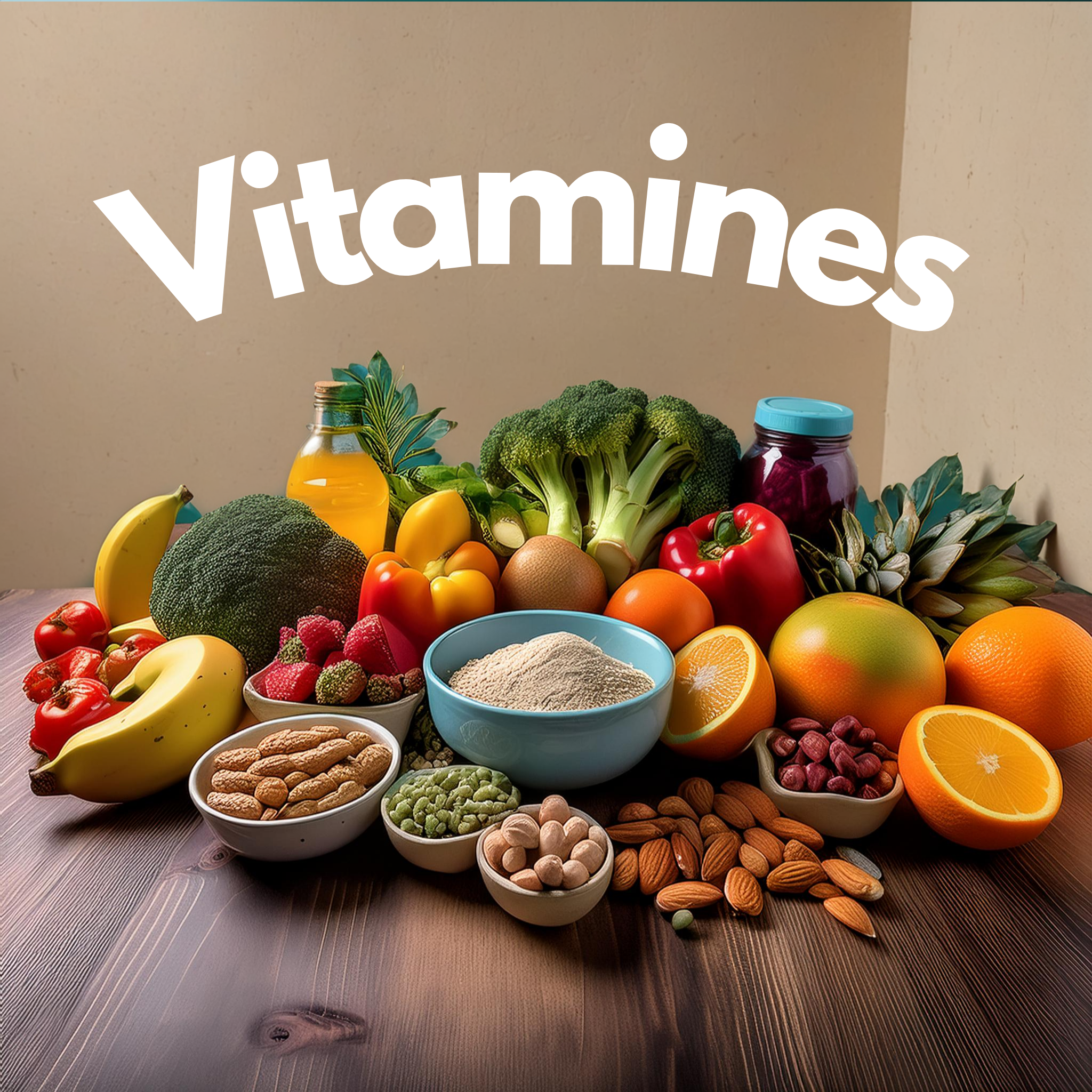 Table remplie d'aliments avec le mot vitamines écrit au dessus