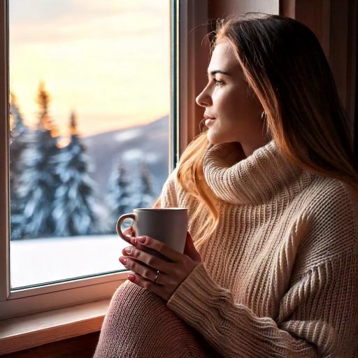 Femme assise devant une fenetre montrant un paysage hivernal avec une tasse de thé dans les mains