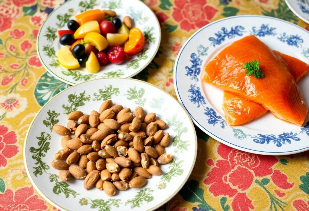 Trois assiettes sur une table : l'une contient des fruits et légumes, l'autre des amandes et des noix et la dernière contenant du saumon. Ce sont des aliments favorisant le bien-être de vos cheveux.
