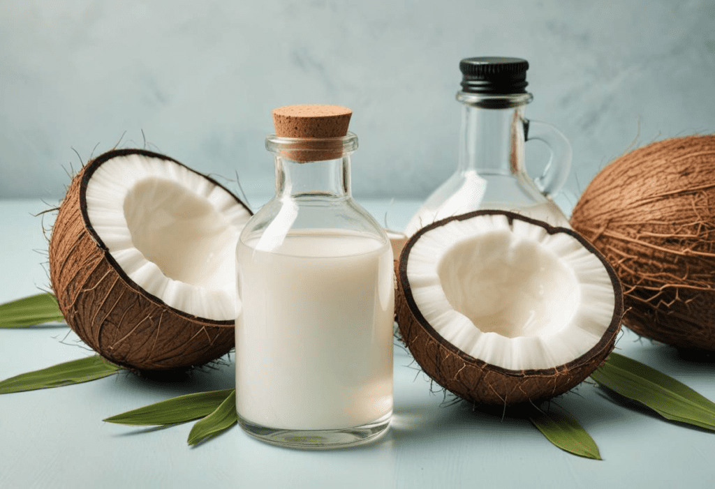 Un flacon d'huile de coco. Cette huile vous aidera à nourrir vos cheveux.