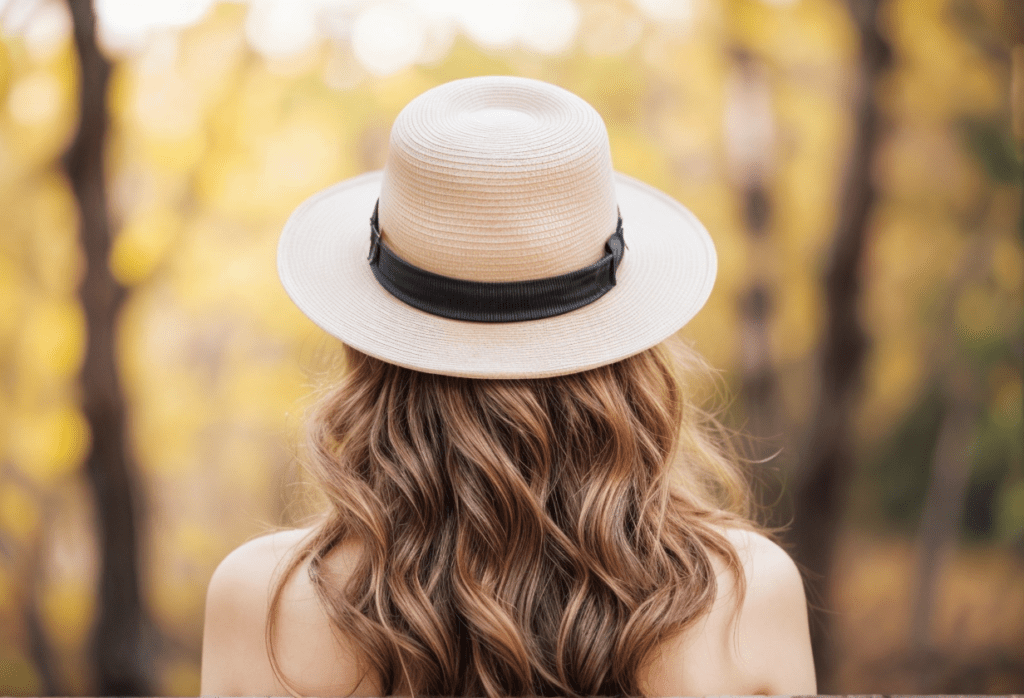 Une femme portant un chapeau pour protéger ses magnifiques cheveux