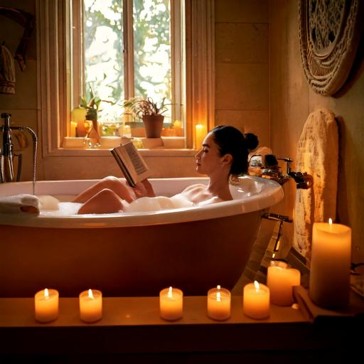 femme lisant et prenant un bain moussant dans une salle de bain cosy éclairée par des bougies