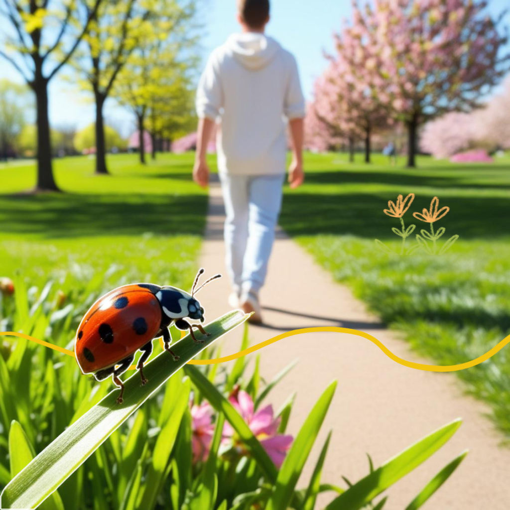 Une personne accompagnée d'une coccinelle se promenant par une matinée printanière