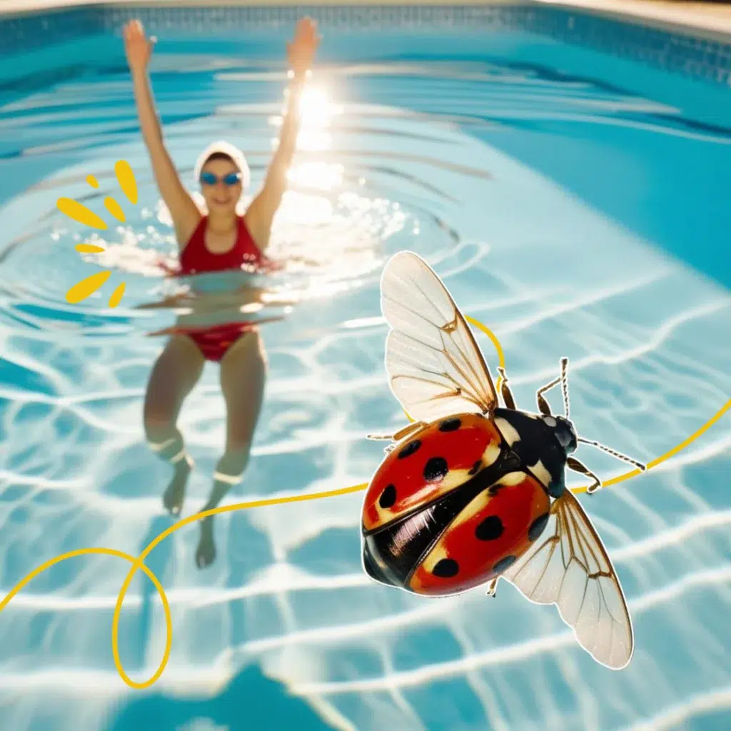 Une coccinelle volant au-dessus d'une personne faisant de la natation