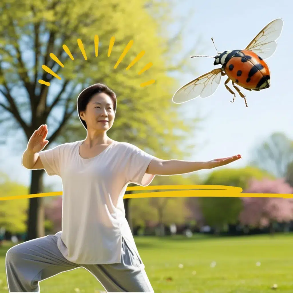 Une coccinelle volant au-dessus d'une personne faisant du Qi-Gong