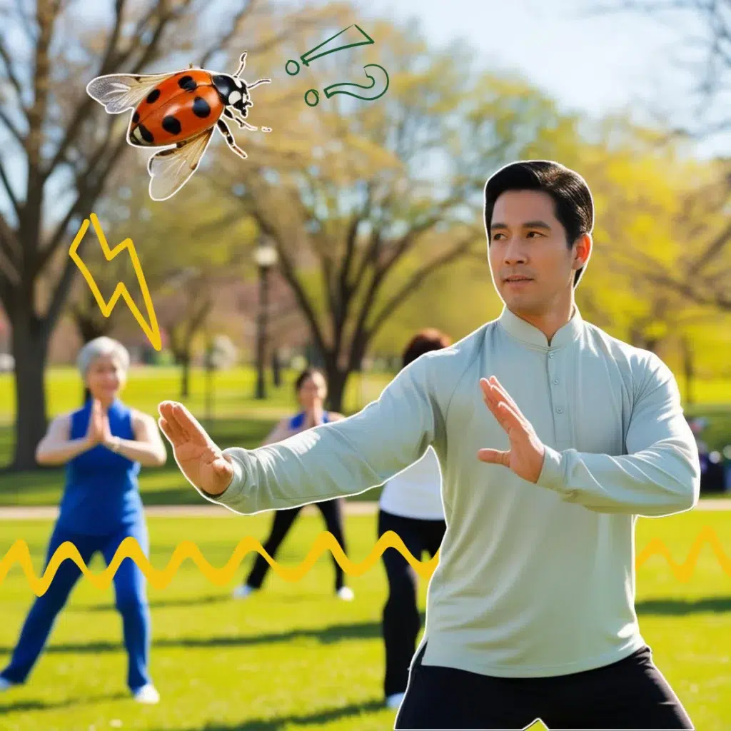 Une coccinelle volant au-dessus d'une personne faisant du Tai-Chi