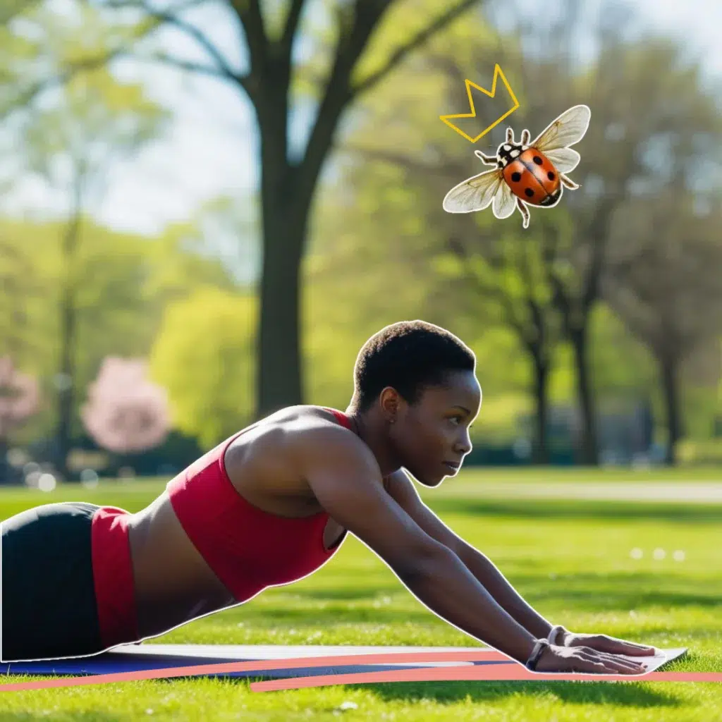 Une coccinelle volant au-dessus une personne pratiquant des étirements