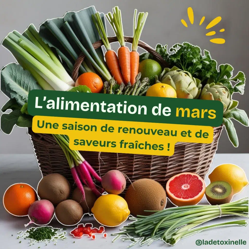 Un panier rempli de fruits et légumes du mois de mars (citrons, pamplemousses, carottes etc)