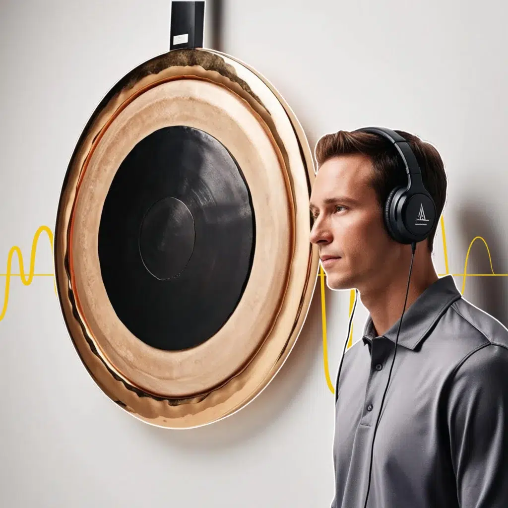 Une personne avec un casque audio et un gong
