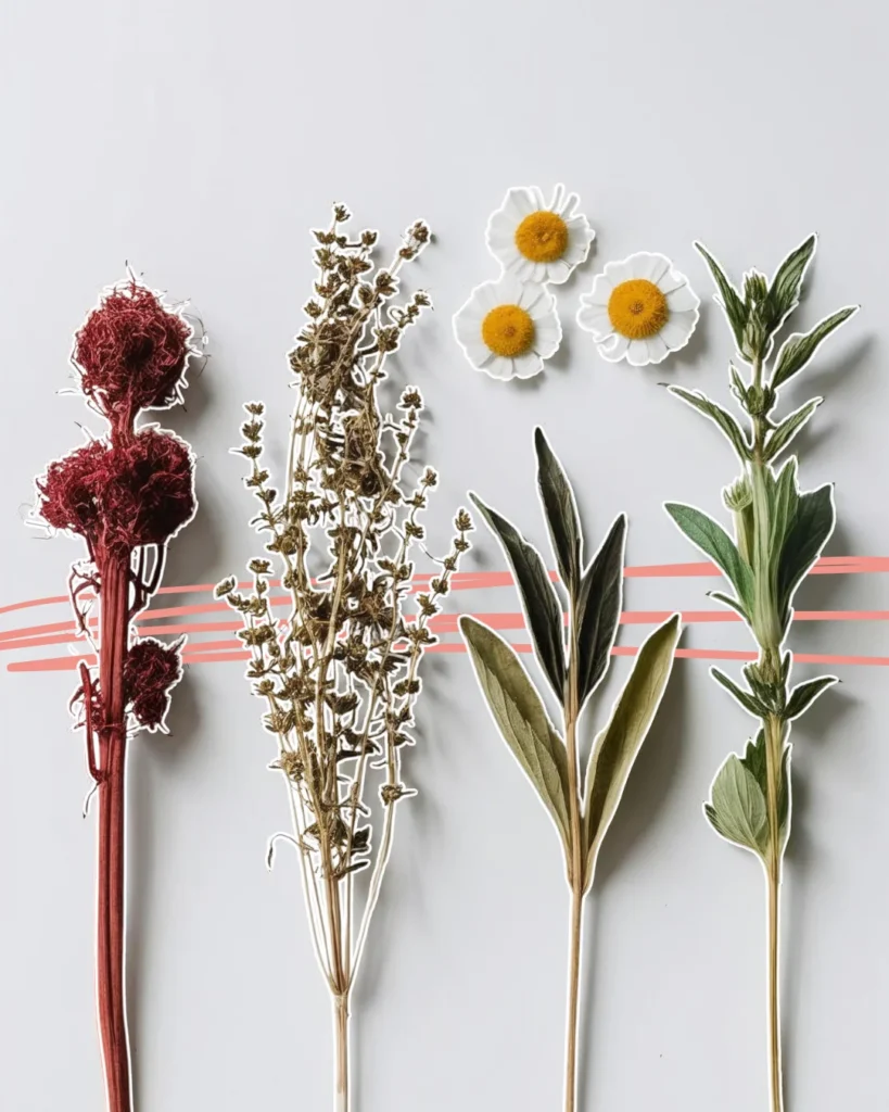 Un assortiment de plantes séchées (rhodiola, ashwagandha, camomille, mélisse) joliment disposées