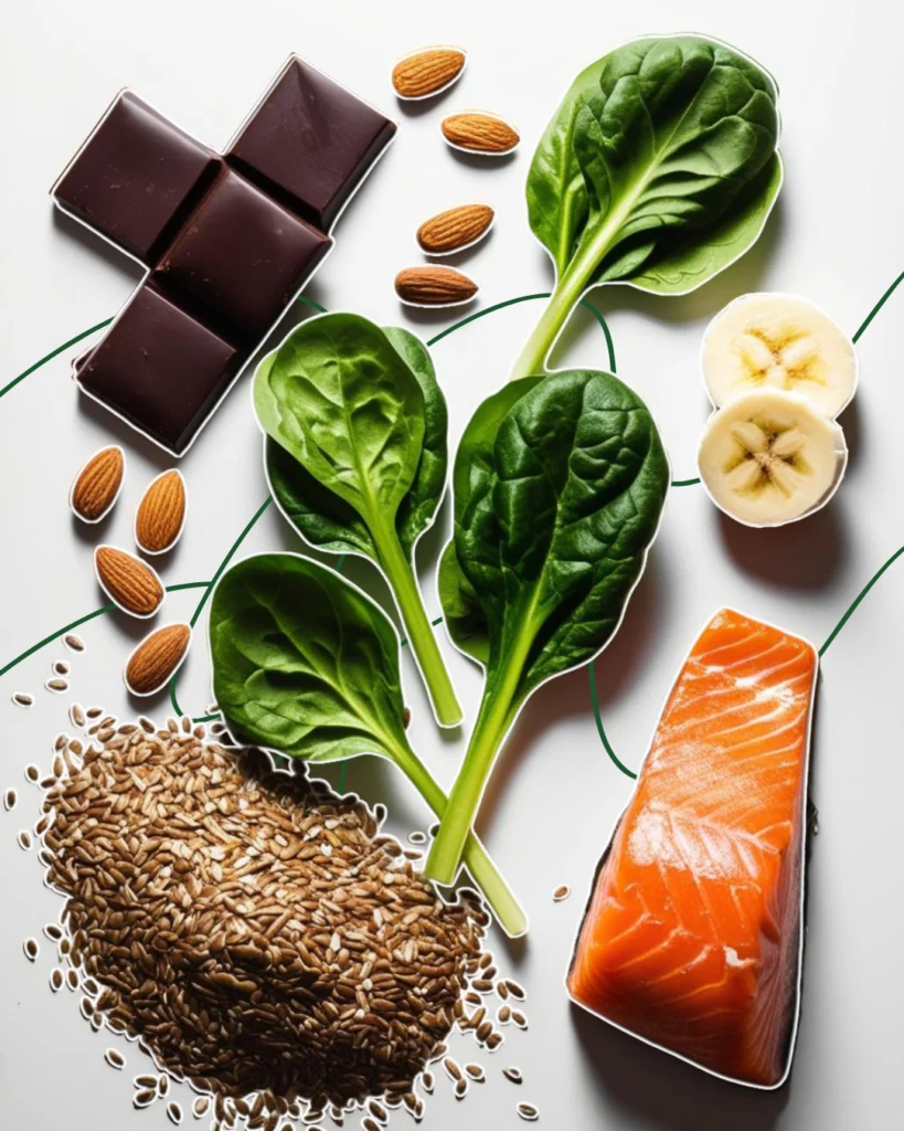 chocolat noir, amandes, épinards, banane, saumon, graines de lin