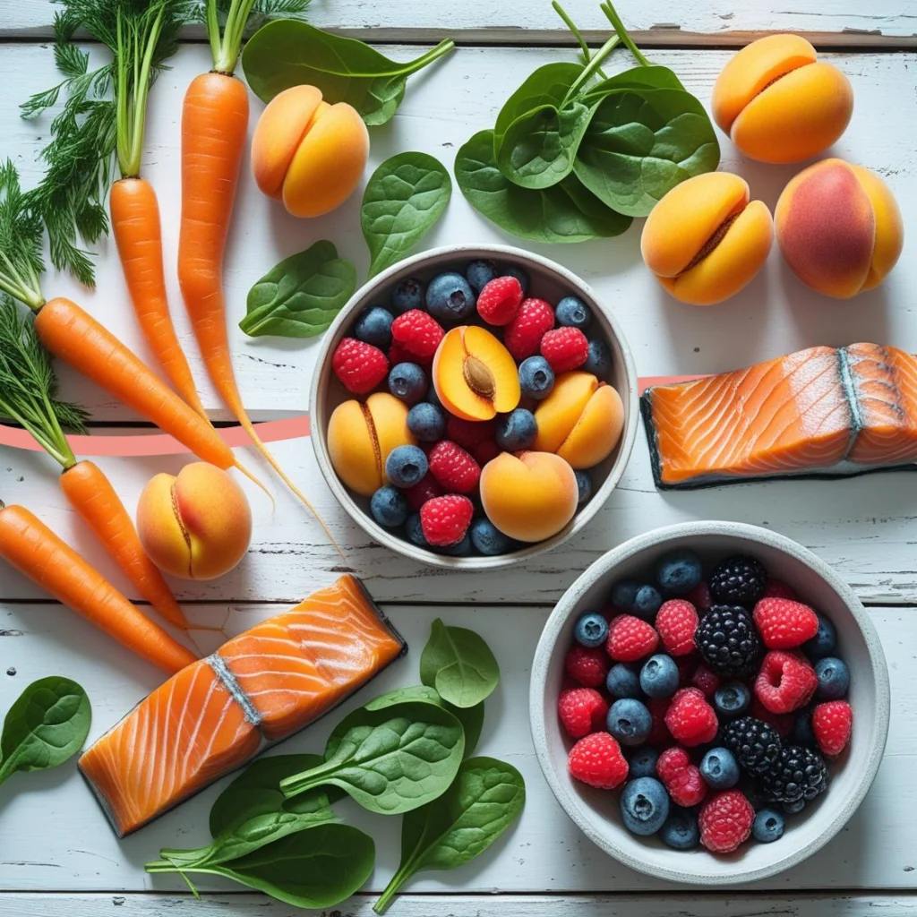 Une photo "flat lay" (prise de dessus) et vibrante d'aliments sains pour la peau, incluant des carottes, des abricots, des épinards, des filets de saumon et un bol de fruits rouges, le tout arrangé sur une table en bois blanc rustique et baigné de lumière naturelle.