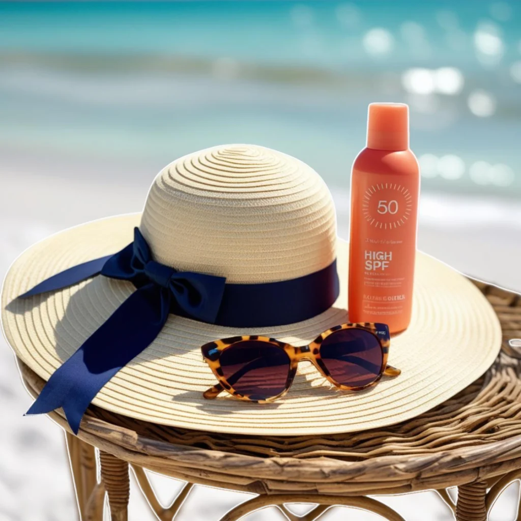 Une collection stylée des essentiels de protection solaire sur une table en osier : un chapeau de paille à larges bords, des lunettes de soleil chics, et une bouteille de crème solaire à haut indice SPF, avec une plage floue en arrière-plan