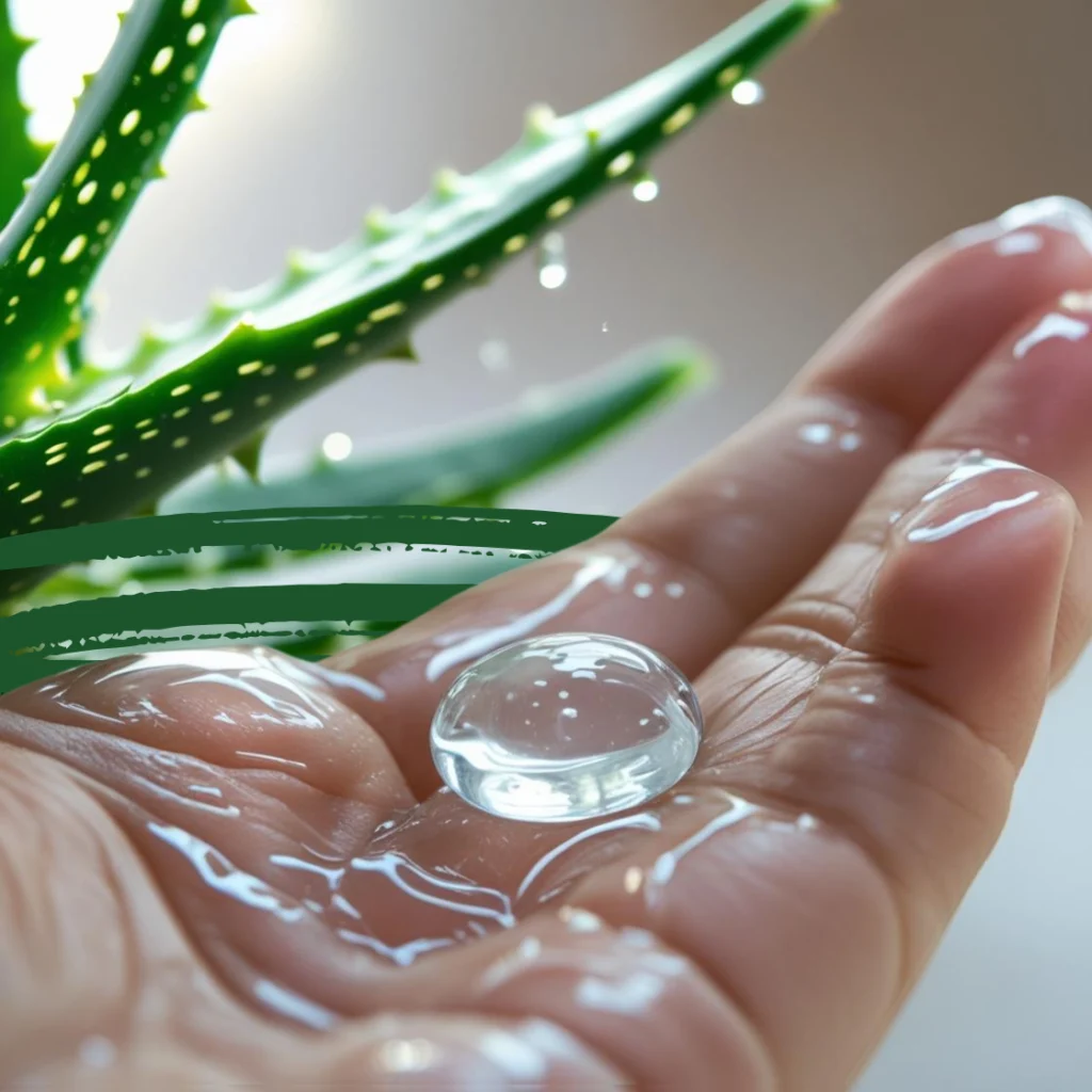 Une photo macro en gros plan montrant une noisette de gel d'aloe vera frais et transparent sur le bout des doigts d'une femme. Une feuille d'aloe vera fraîchement coupée est visible en arrière-plan flouté.