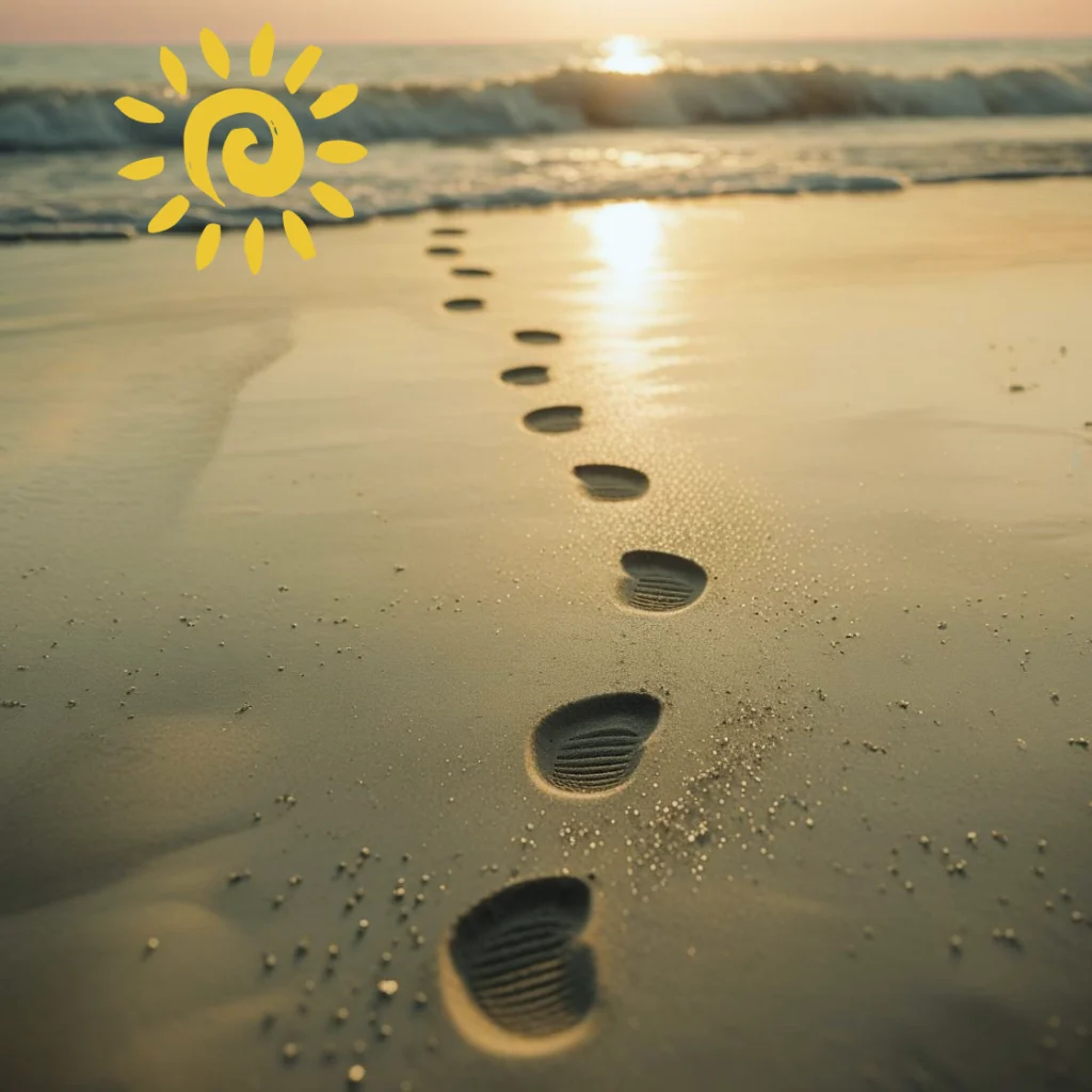 Une photo magnifique et tranquille d'empreintes de pas dans le sable mouillé sur une plage, menant vers la douce écume de la mer. La scène est baignée dans la lumière chaude et douce d'un soleil couchant, créant une atmosphère paisible et contemplative.