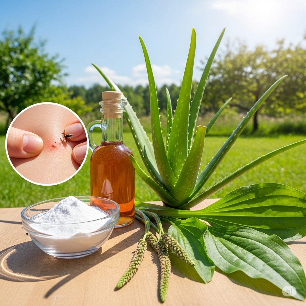 scène estivale avec divers éléments naturels comme de l'aloe vera, des feuilles de plantain, une bouteille de vinaigre de cidre et un petit bol de bicarbonate de soude, subtilement agencés autour d'une piqûre d'insecte apaisée, évoquant un soulagement naturel dans un cadre extérieur lumineux.