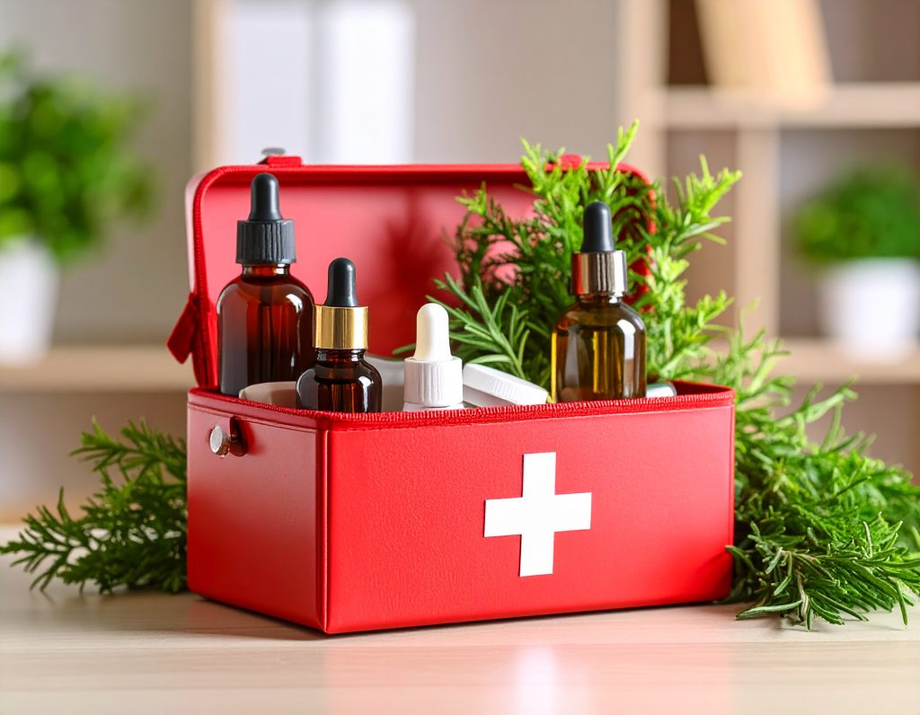 Trousse de secours contenant des plantes et des fioles