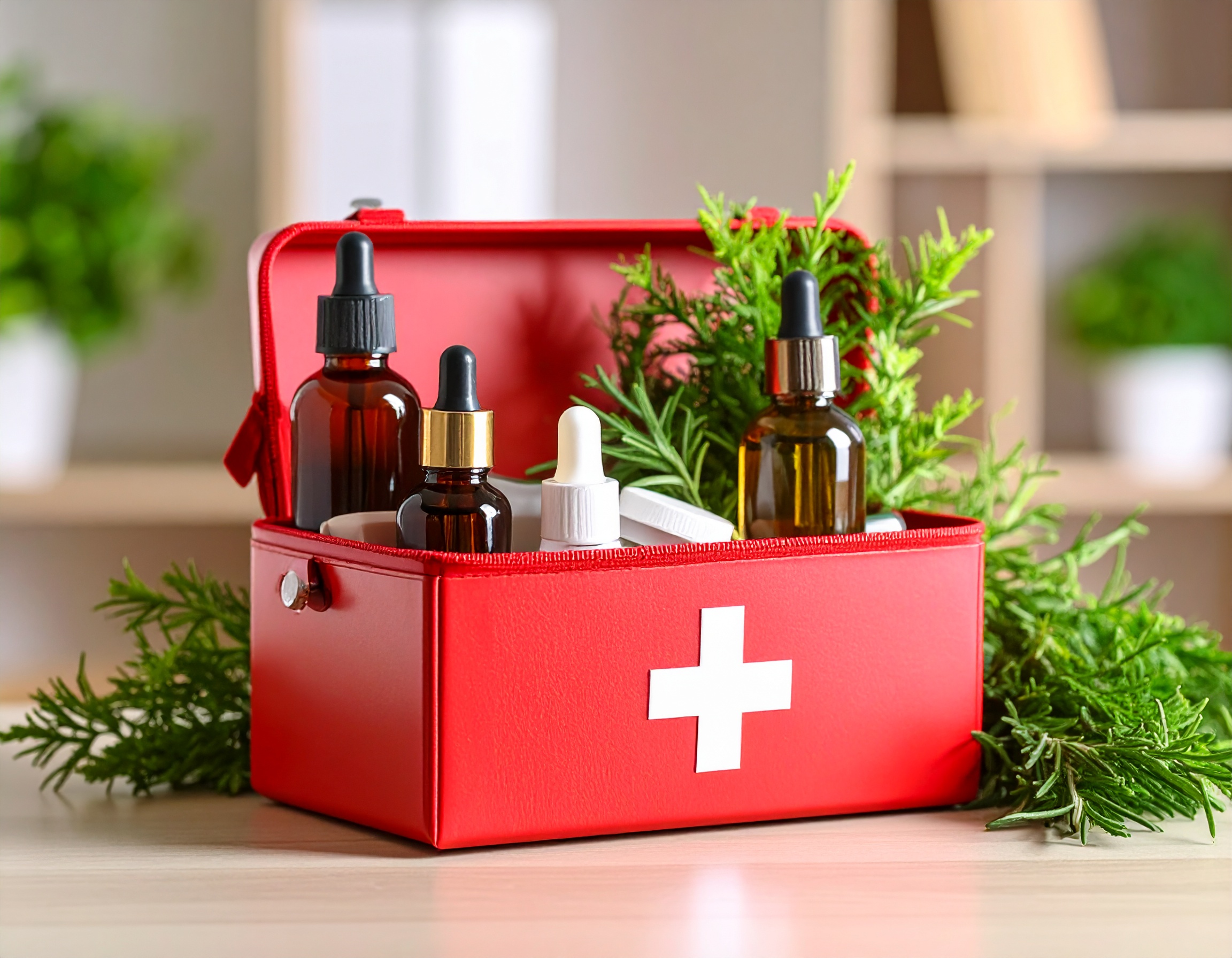Trousse de secours contenant des plantes et des fioles