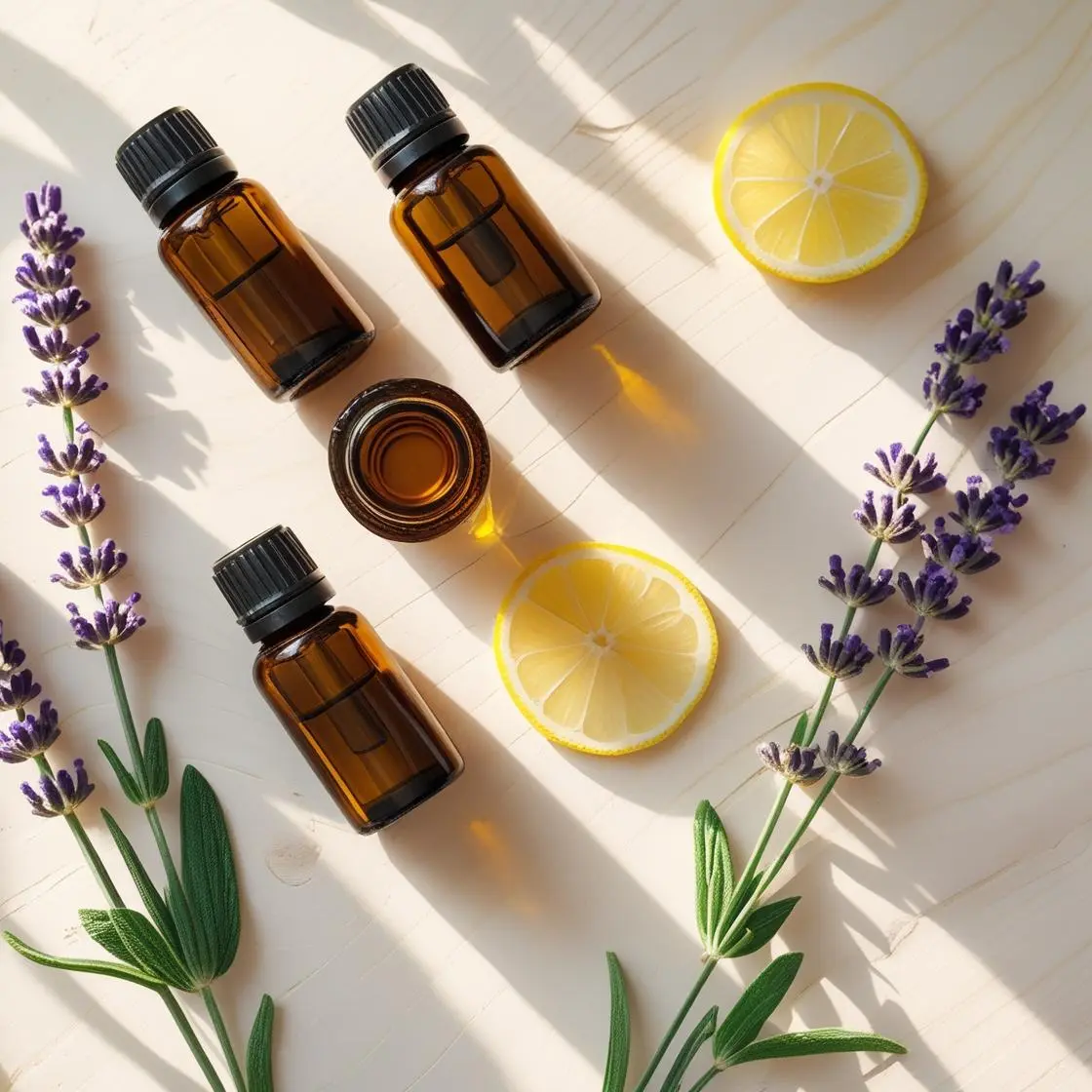 Photographie flat lay esthétique et lumineuse, style blog bien-être. Des flacons d'huiles essentielles ambrés sont joliment disposés sur une table en bois clair. À côté, des brins de lavande fraîche et une tranche de citron. La scène est baignée d'une lumière d'été douce et naturelle, créant une atmosphère de calme et de sérénité.