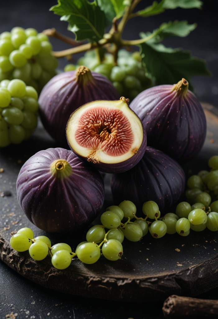 Une photo macro, magnifique et détaillée, de figues violettes fraîches et mûres, certaines entières et une coupée en deux pour révéler son intérieur riche et texturé. Une petite grappe de raisin vert de début de saison repose à côté sur un plat en ardoise.
