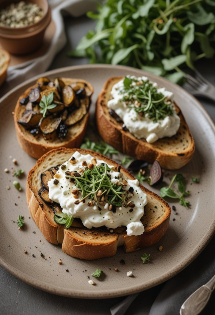 Une photo appétissante, style magazine, d'une tranche de pain au levain rustique grillée, garnie de fromage de chèvre crémeux, d'une tranche d'aubergine grillée fumée et d'une pincée d'origan frais. La tartine est présentée sur une assiette en céramique simple avec une salade verte à côté, sur une nappe en lin.