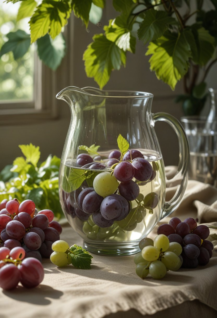 Un magnifique pichet en verre transparent rempli d'eau fraîche, mettant en valeur des grains de raisin violet, des billes de melon vert pâle et des feuilles de menthe fraîche. Le pichet est posé sur une nappe en lin à l'ombre, avec une lumière du soleil tachetée filtrant à travers des feuilles en arrière-plan.