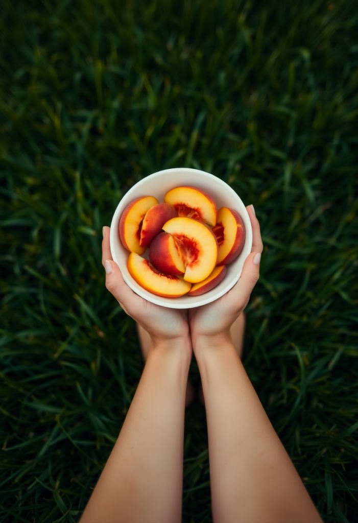 Une photo paisible, du point de vue du spectateur, montrant les pieds nus d'une personne reposant sur l'herbe verte. Dans ses mains, elle tient un simple bol blanc contenant des pêches fraîches et juteuses en tranches. L'accent est mis sur le bol et la sensation de détente. Le soleil de fin d'après-midi crée une lueur chaude et dorée.
