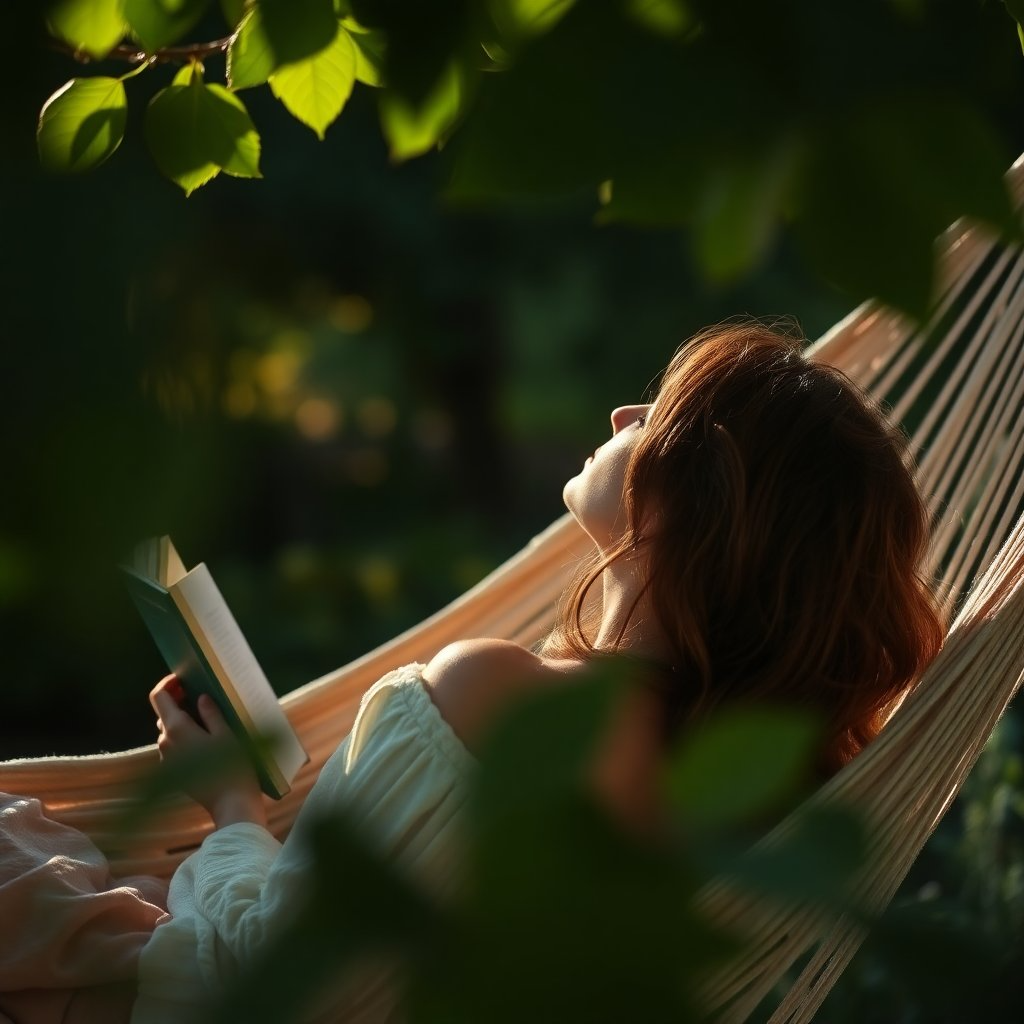 Photographie lifestyle douce et poétique. Une femme (vue de dos ou en plan serré sur les mains) se détend dans un hamac dans un jardin verdoyant. Elle tient un livre ou une tasse de tisane. La lumière du soleil de fin d'après-midi filtre à travers les feuilles, créant une ambiance paisible et une sensation de lâcher-prise. Style blog 'slow life'.