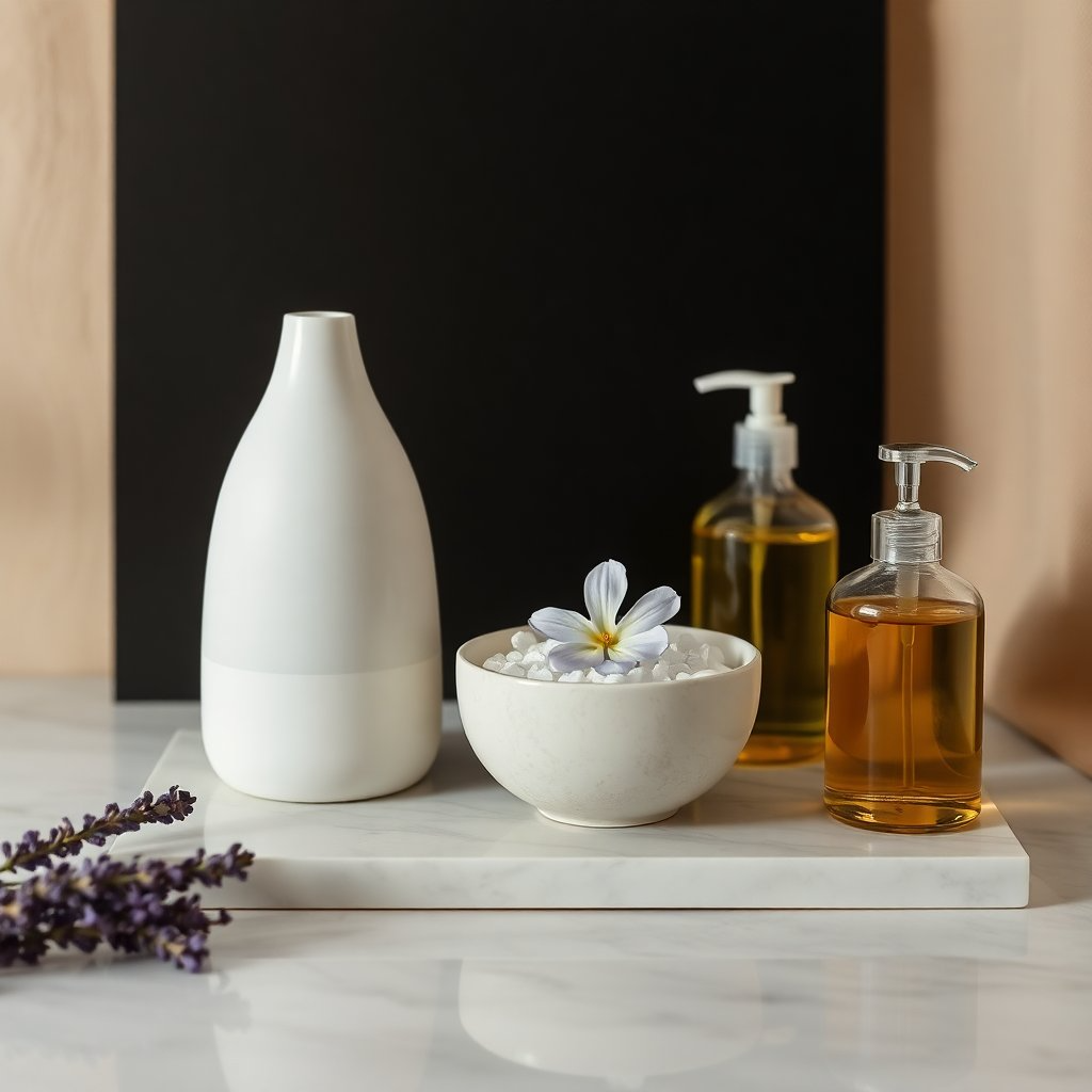 Composition photographique minimaliste et épurée sur un fond en marbre blanc ou lin beige. On y voit : un diffuseur d'huiles essentielles blanc moderne, un petit bol en céramique contenant des sels d'Epsom avec une fleur de lavande posée dessus, et un flacon d'huile de massage avec une pipette. Esthétique spa, bien-être, pureté.