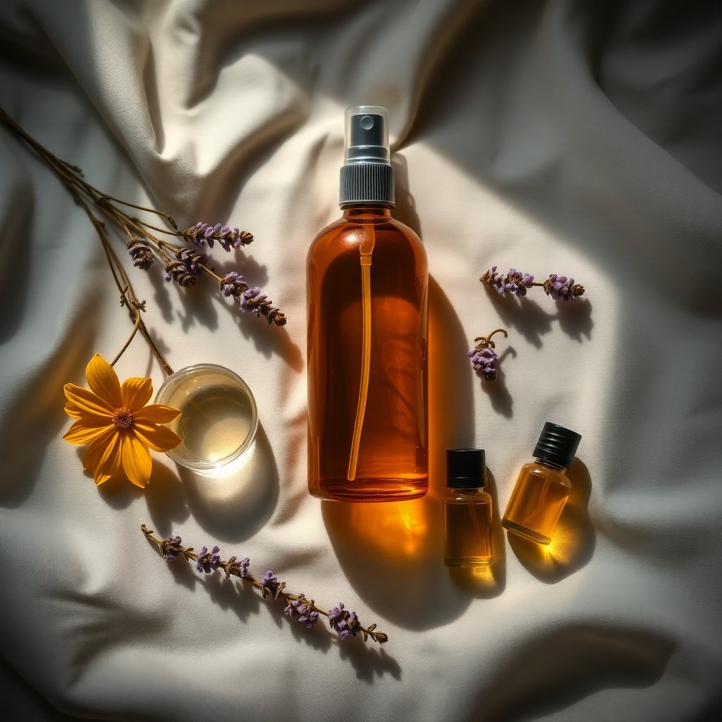 Photographie flat lay lumineuse et créative. Au centre, un joli flacon spray en verre ambré avec une étiquette manuscrite "Brume d'oreiller". Autour, les ingrédients : un flacon d'hydrolat de fleur d'oranger, des brins de lavande, et les petits flacons d'huiles essentielles. Le tout sur un fond en lin clair, ambiance DIY chic et naturel.
