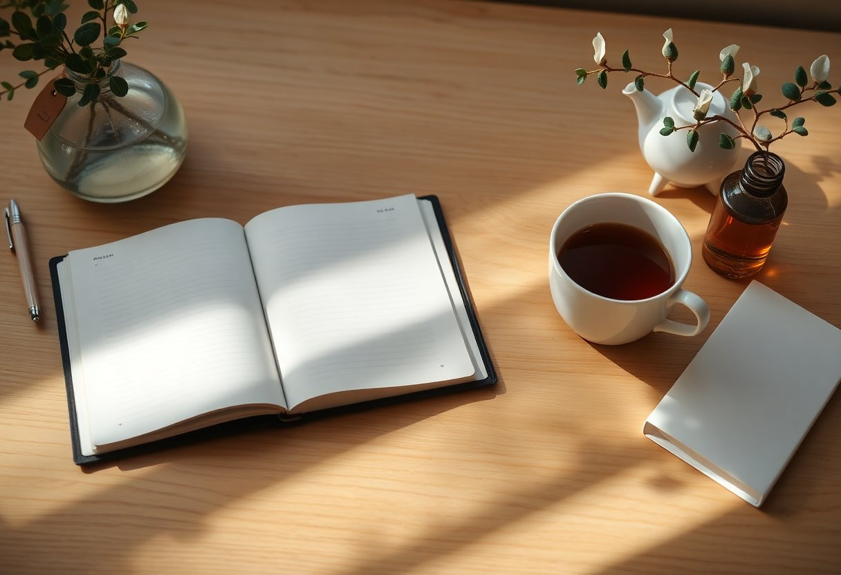 Photographie flat lay, esthétique et douce. Un bureau en bois clair avec un carnet de notes ouvert, un stylo élégant et une tasse de thé fumante. À côté, un petit vase avec une branche d'eucalyptus et un flacon d'huile essentielle ambré. Lumière matinale douce, ambiance de rentrée calme et organisée.