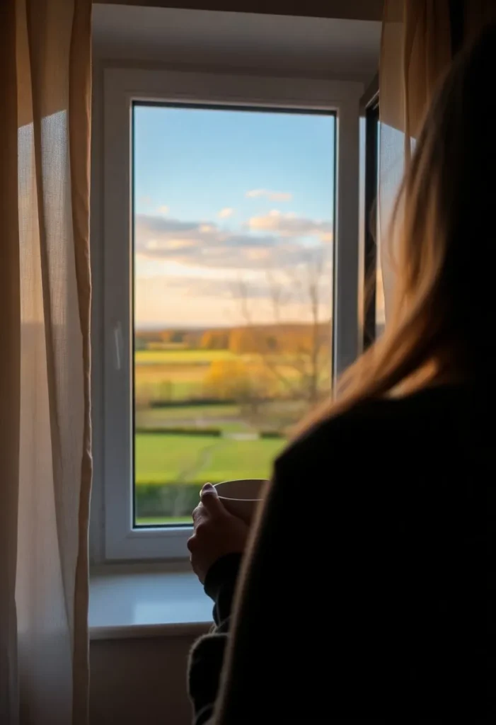 Vue par-dessus l'épaule d'une personne regardant par la fenêtre un paysage de fin d'été. La personne tient une tasse chaude dans ses mains. La scène évoque un sentiment de calme, d'acceptation et d'anticipation positive pour la nouvelle saison à venir.