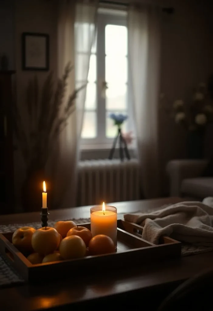 Objets du rituel matinal : tasse, carnet, bougie, feuilles d’automne disposés sur table rustique.