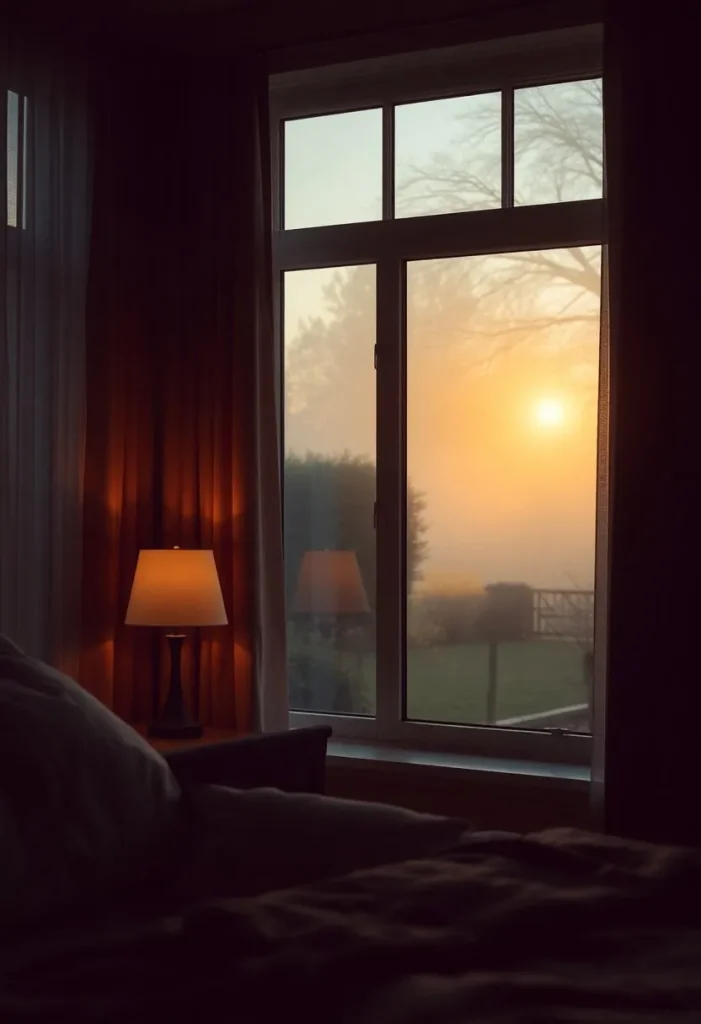 Réveil avec simulateur d’aube, chambre cosy illuminée doucement avec vue sur jardin d’automne brumeux.