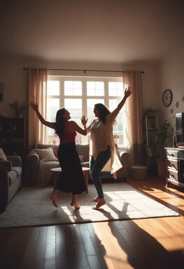 Personnes dansant près d’une fenêtre donnant sur un jardin automnal