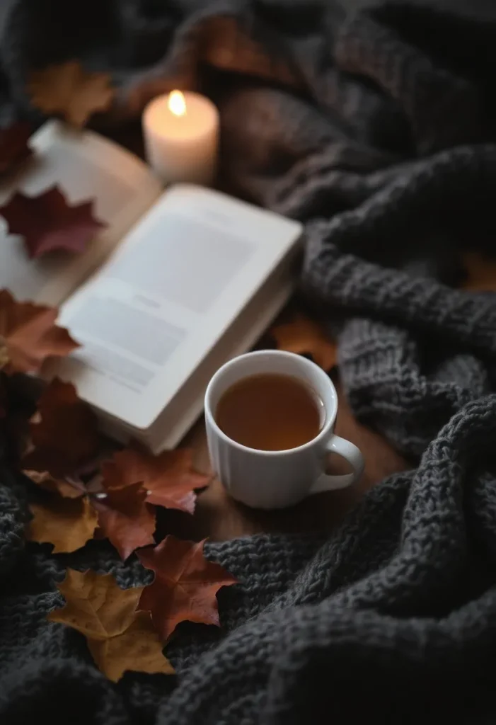 Bougie parfumée aux senteurs d’automne avec pommes, cannelle, diffuseur d’huiles essentielles, ambiance chaleureuse.