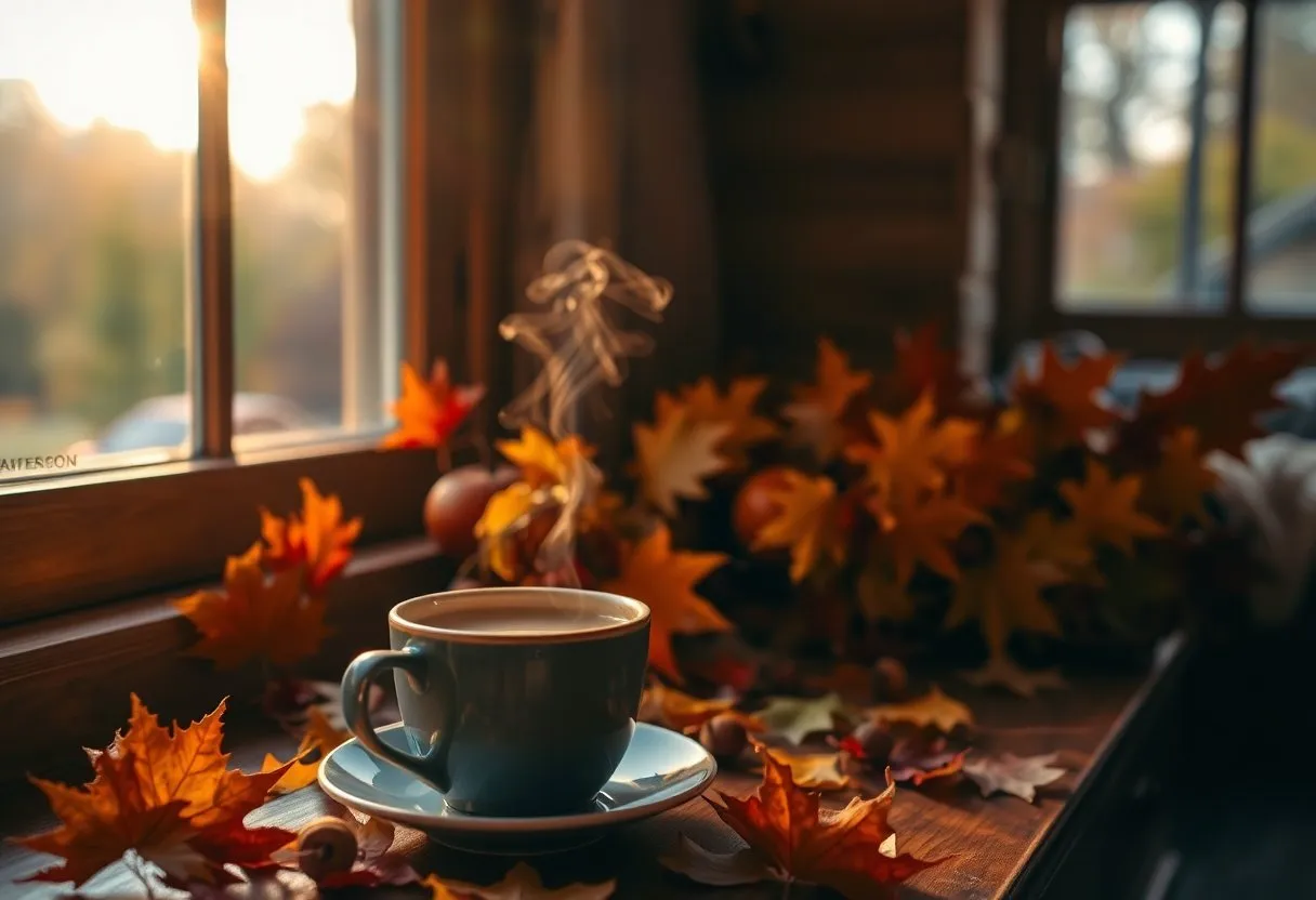 Matin d’automne serein avec une tasse fumante sur une table en bois, feuilles rouges et oranges à l’extérieur.