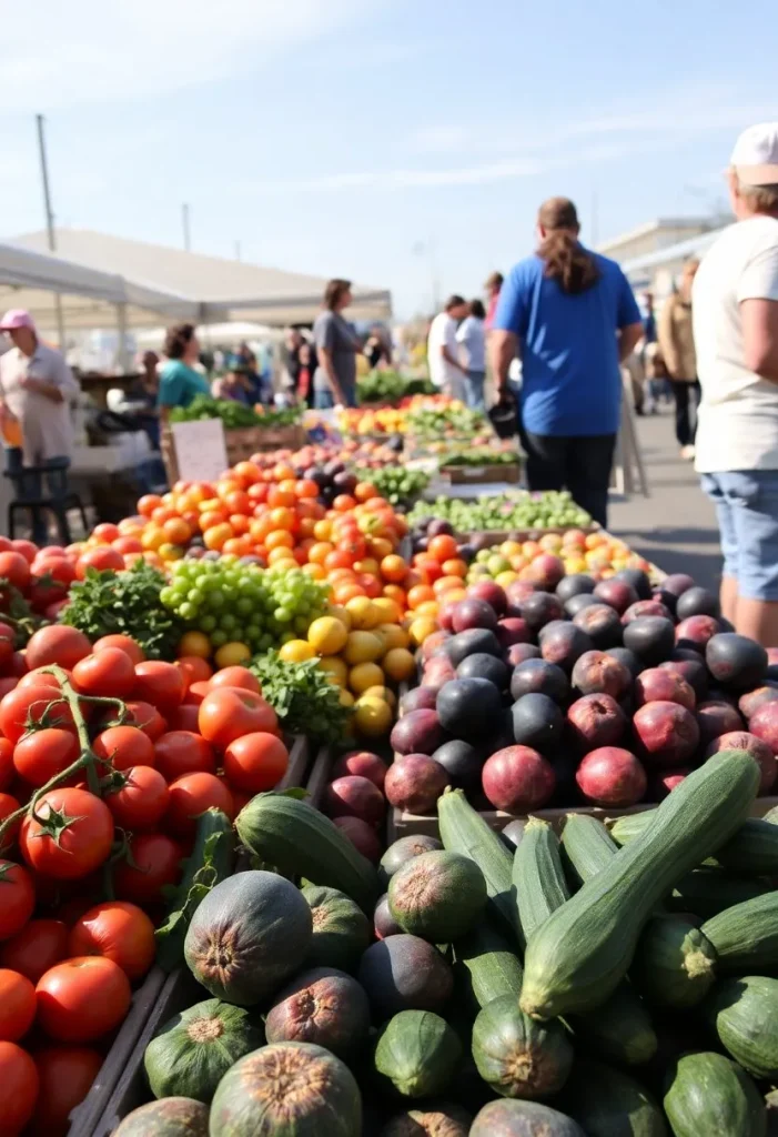 Marché d’automne avec fruits et légumes de saison ; ambiance conviviale.