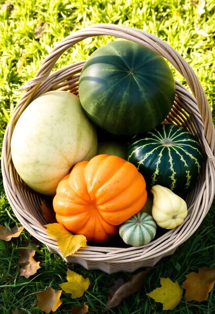 Panier de transition été-automne : melon, pastèque, courge, sur herbe.