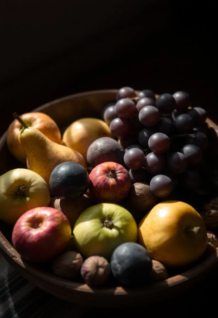 Assortiment de pommes, poires, figues, raisins, châtaignes et noix dans un bol rustique, lumière d’automne.