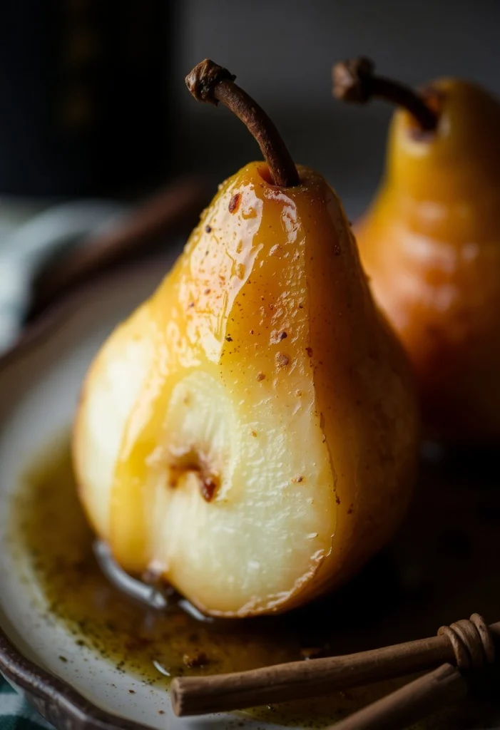 Poire rôtie au four saupoudrée de cannelle et nappée de miel, assiette chaleureuse automnale.