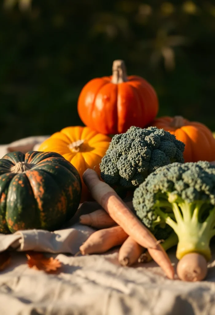 Palette colorée de légumes racines : courge, carottes, betteraves, champignons et poireaux.