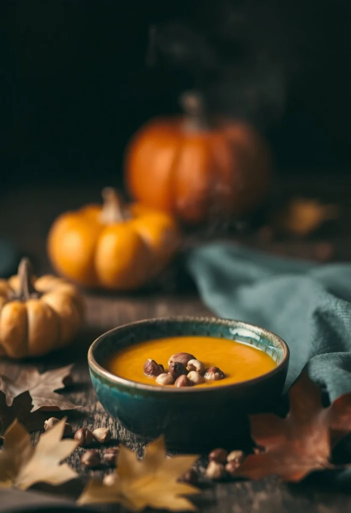 Bol de velouté de potimarron avec éclats de noisettes grillées, ambiance automnale conviviale.