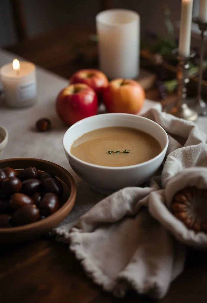 Table chaleureuse avec bol de soupe dorée, panier de pommes, châtaignes et bougie, nappe de lin.