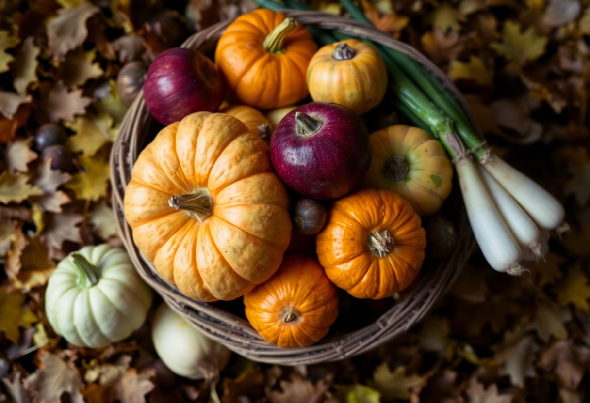 Panier débordant de courges, pommes, châtaignes et poireaux entouré de feuilles mortes, ambiance automne.