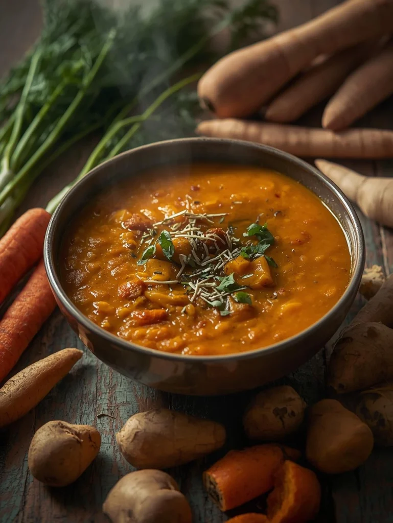 Bol de velouté de courge, légumes racines, épices chaudes