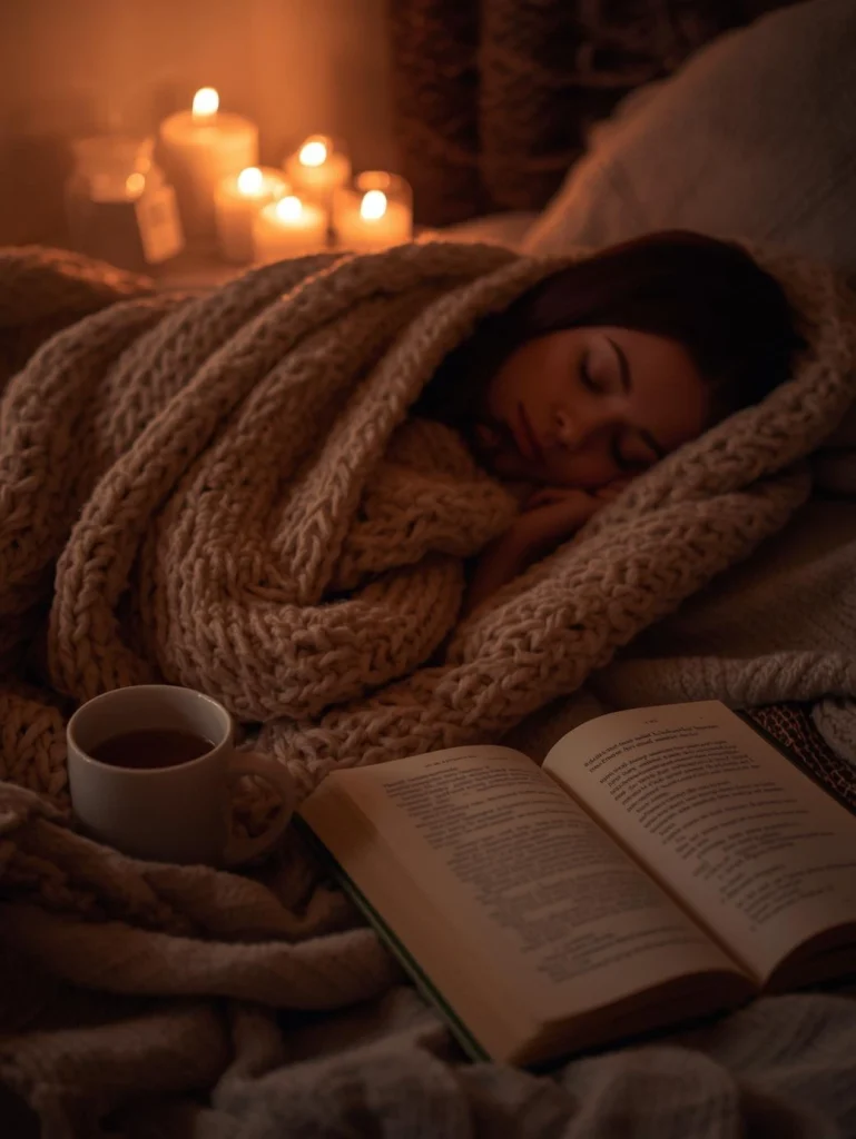 Bougie allumée, plaid, tasse chaude, livre, ambiance douillette