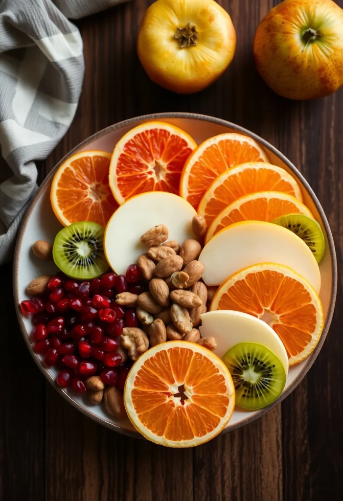 Assiette composée de segments de clémentine, tranches de kaki, kiwis, pommes, grenade et noix, couleurs vives.