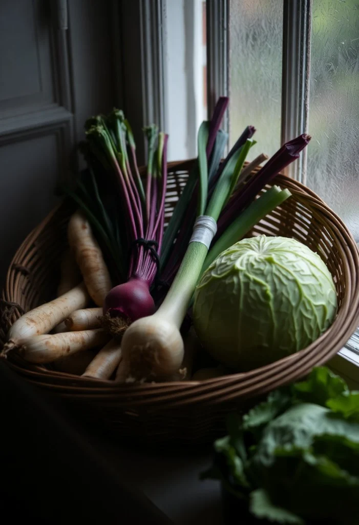 Panier de légumes racines, choux, poireaux et céleri devant une fenêtre embuée de fin d’automne.